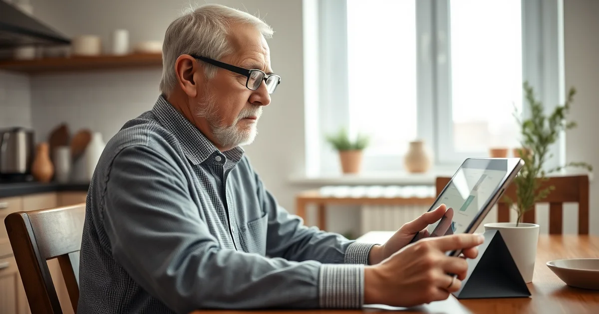 Älterer Mann bedient am Küchentisch ein Tablet mit großer Schrift