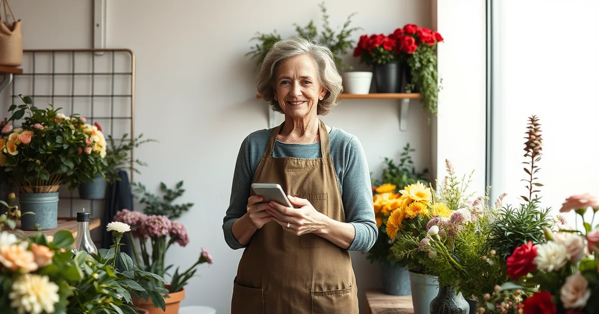 Floristin in ihrem Blumenladen schaut auf ihr Smartphone
