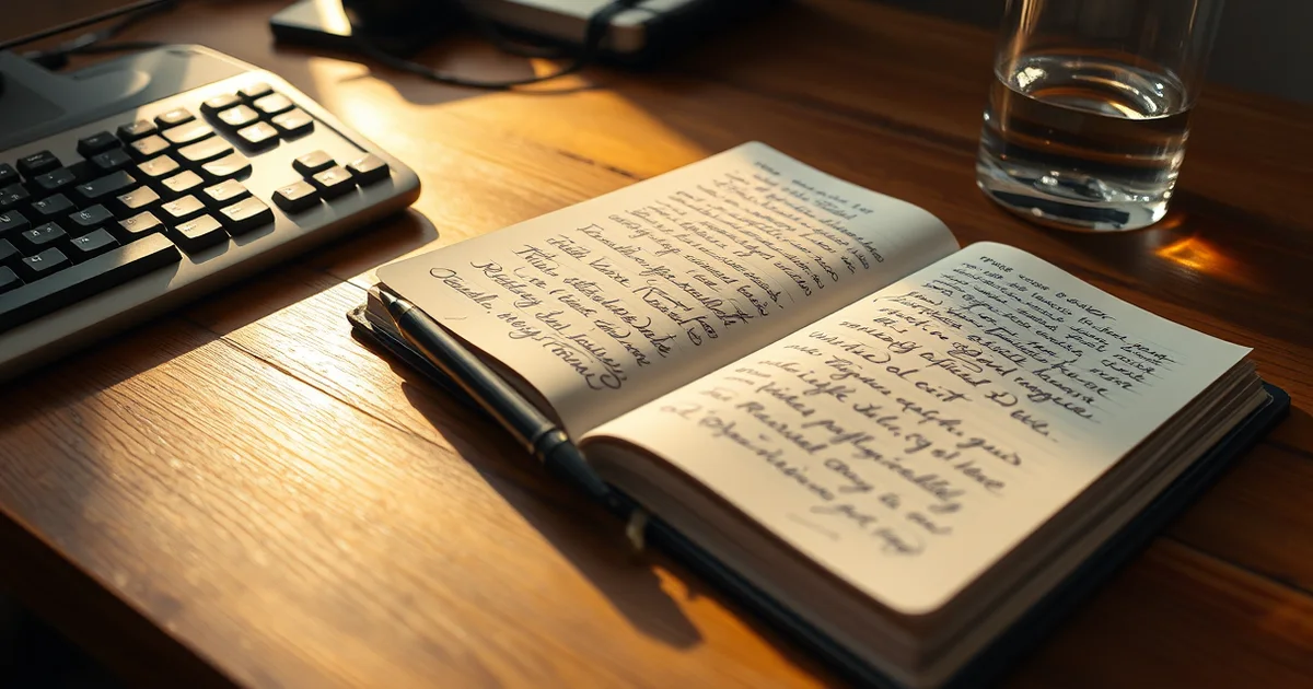Aufgeschlagenes Notizbuch mit handschriftlichen Notizen neben einer Tastatur