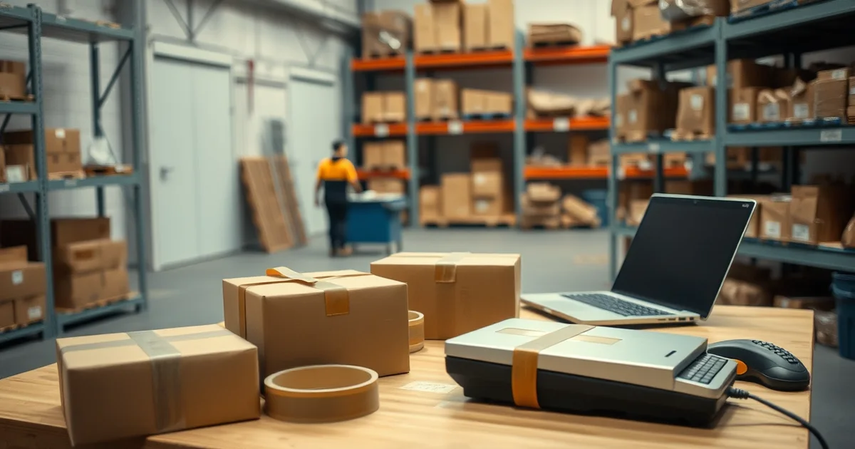 Packtisch mit Paketen, Klebeband und Laptop in einem kleinen Lager